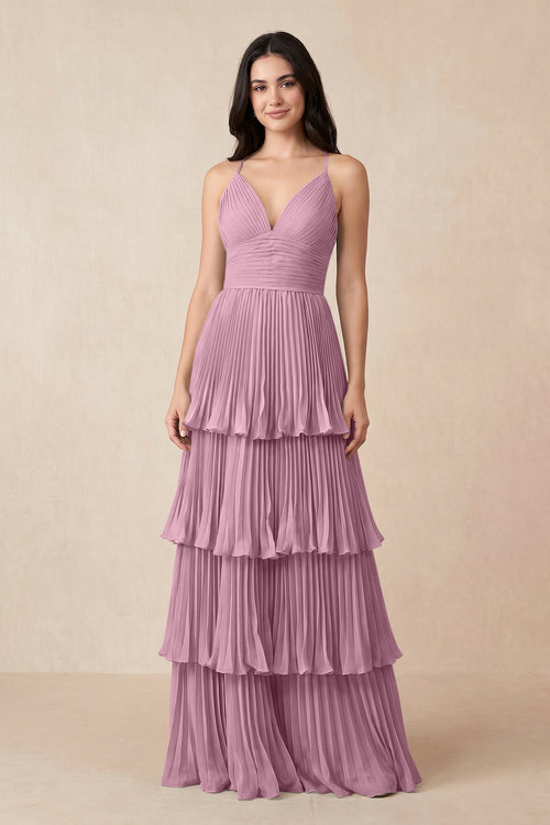 Tiered Pleated V - Neck A - Line Chiffon Bridesmaid Dress in Vintage Mauve - KissProm Bridesmaid Dresses