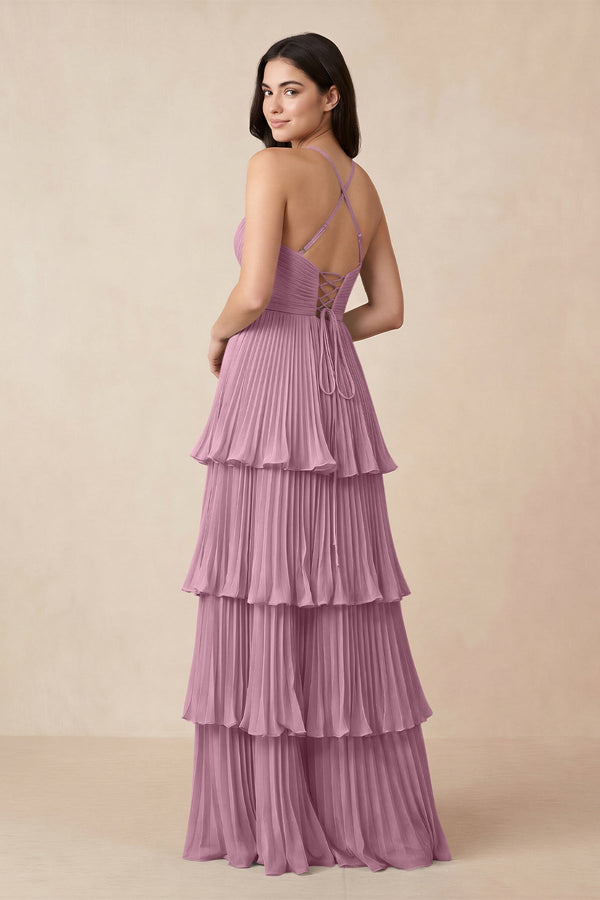 Tiered Pleated V - Neck A - Line Chiffon Bridesmaid Dress in Vintage Mauve - KissProm Bridesmaid Dresses