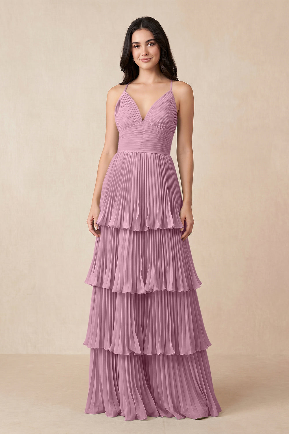 Tiered Pleated V - Neck A - Line Chiffon Bridesmaid Dress in Vintage Mauve - KissProm Bridesmaid Dresses