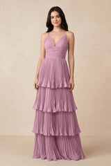 Tiered Pleated V - Neck A - Line Chiffon Bridesmaid Dress in Vintage Mauve - KissProm Bridesmaid Dresses