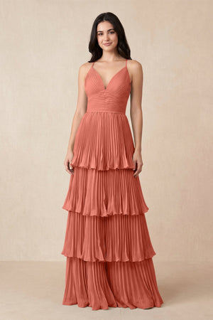 Tiered Pleated V - Neck A - Line Chiffon Bridesmaid Dress in Wild Rose - KissProm Bridesmaid Dresses