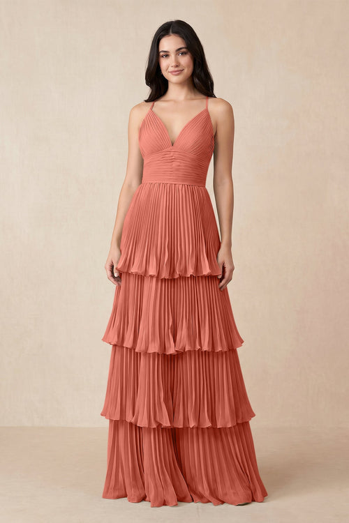 Tiered Pleated V - Neck A - Line Chiffon Bridesmaid Dress in Wild Rose - KissProm Bridesmaid Dresses