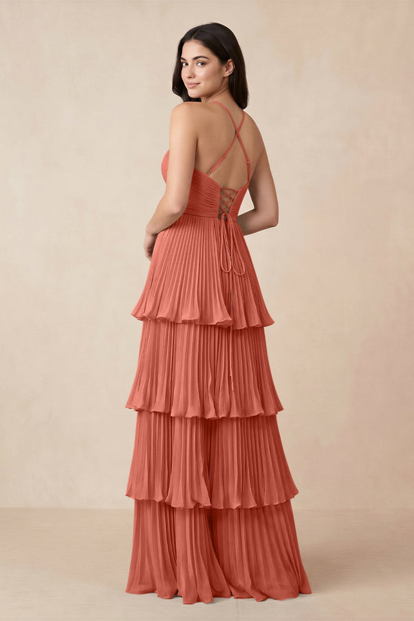 Tiered Pleated V - Neck A - Line Chiffon Bridesmaid Dress in Wild Rose - KissProm Bridesmaid Dresses