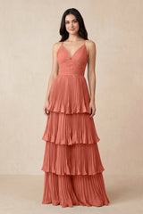 Tiered Pleated V - Neck A - Line Chiffon Bridesmaid Dress in Wild Rose - KissProm Bridesmaid Dresses