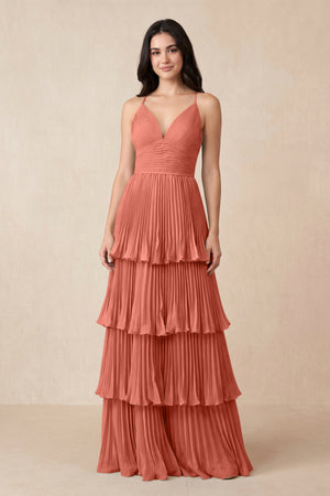 Tiered Pleated V - Neck A - Line Chiffon Bridesmaid Dress in Wild Rose - KissProm Bridesmaid Dresses
