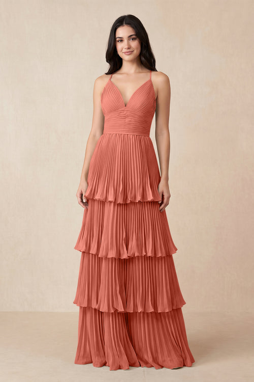 Tiered Pleated V - Neck A - Line Chiffon Bridesmaid Dress in Wild Rose - KissProm Bridesmaid Dresses