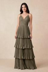 Tiered Pleated V - Neck A - Line Chiffon Bridesmaid Dress in Willow Green - KissProm Bridesmaid Dresses