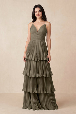 Tiered Pleated V - Neck A - Line Chiffon Bridesmaid Dress in Willow Green - KissProm Bridesmaid Dresses