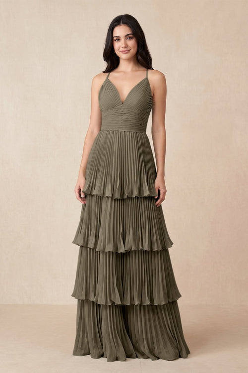 Tiered Pleated V - Neck A - Line Chiffon Bridesmaid Dress in Willow Green - KissProm Bridesmaid Dresses