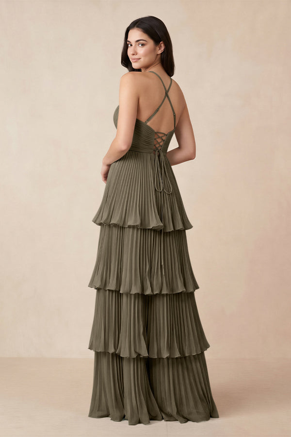 Tiered Pleated V - Neck A - Line Chiffon Bridesmaid Dress in Willow Green - KissProm Bridesmaid Dresses