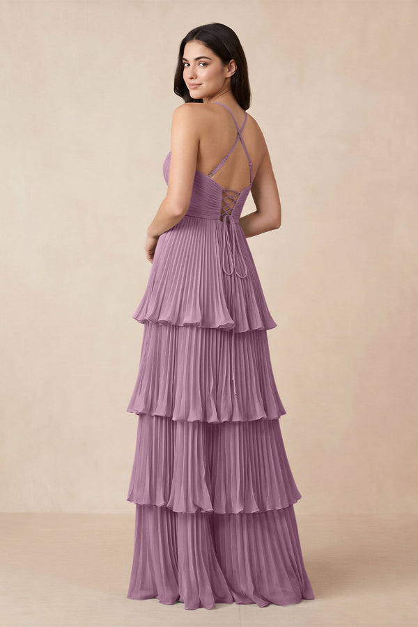 Tiered Pleated V - Neck A - Line Chiffon Bridesmaid Dress in Wisteria - KissProm Bridesmaid Dresses