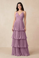 Tiered Pleated V - Neck A - Line Chiffon Bridesmaid Dress in Wisteria - KissProm Bridesmaid Dresses