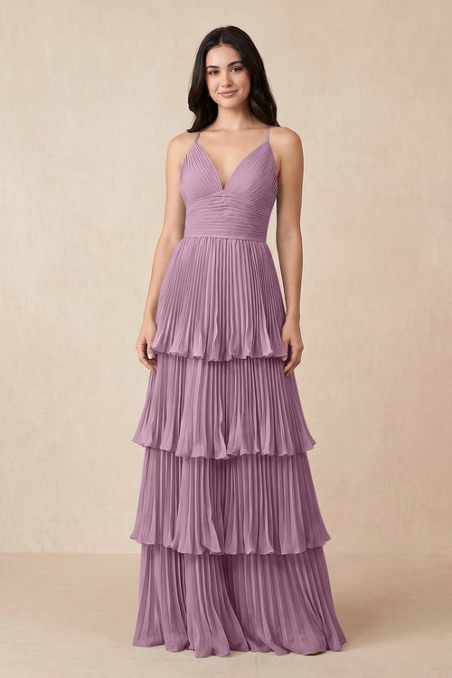 Tiered Pleated V - Neck A - Line Chiffon Bridesmaid Dress in Wisteria - KissProm Bridesmaid Dresses