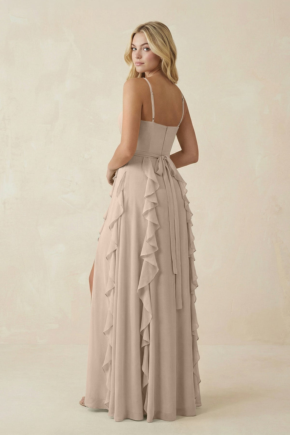 Tiered Ruffle A - Line Chiffon Bridesmaid Dress in Almond - KissProm Bridesmaid Dresses