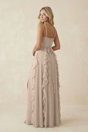 Tiered Ruffle A - Line Chiffon Bridesmaid Dress in Almond - KissProm Bridesmaid Dresses
