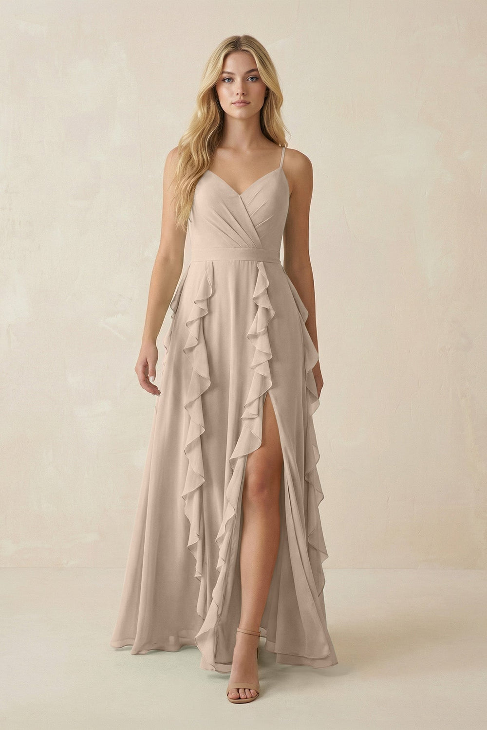 Tiered Ruffle A - Line Chiffon Bridesmaid Dress in Almond - KissProm Bridesmaid Dresses