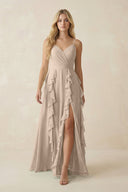 Tiered Ruffle A - Line Chiffon Bridesmaid Dress in Almond - KissProm Bridesmaid Dresses