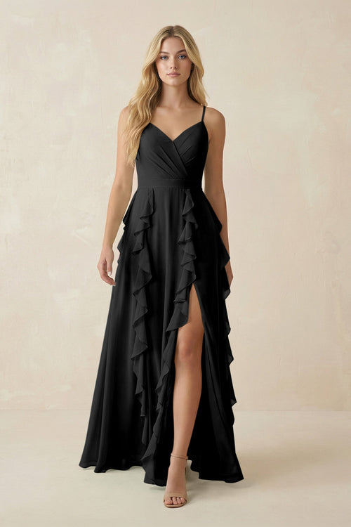 KissProm Tiered Ruffle A-Line Chiffon Bridesmaid Dress in Black, Black / 28