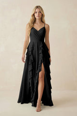 Tiered Ruffle A - Line Chiffon Bridesmaid Dress in Black - KissProm Bridesmaid Dresses