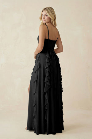 Tiered Ruffle A - Line Chiffon Bridesmaid Dress in Black - KissProm Bridesmaid Dresses