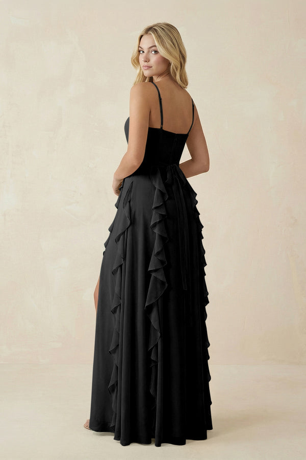 Tiered Ruffle A - Line Chiffon Bridesmaid Dress in Black - KissProm Bridesmaid Dresses