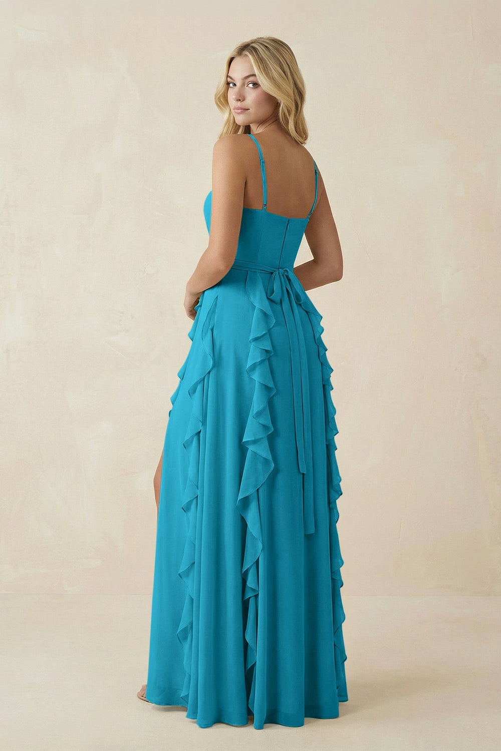 Tiered Ruffle A - Line Chiffon Bridesmaid Dress in Blue Jay - KissProm Bridesmaid Dresses