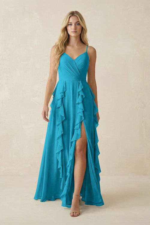 Tiered Ruffle A - Line Chiffon Bridesmaid Dress in Blue Jay - KissProm Bridesmaid Dresses
