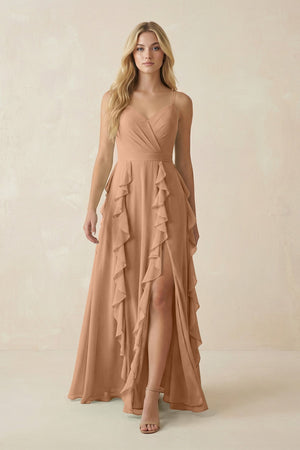 Tiered Ruffle A - Line Chiffon Bridesmaid Dress in Bronzer - KissProm Bridesmaid Dresses