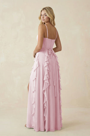 Tiered Ruffle A - Line Chiffon Bridesmaid Dress in Candy Pink - KissProm Bridesmaid Dresses