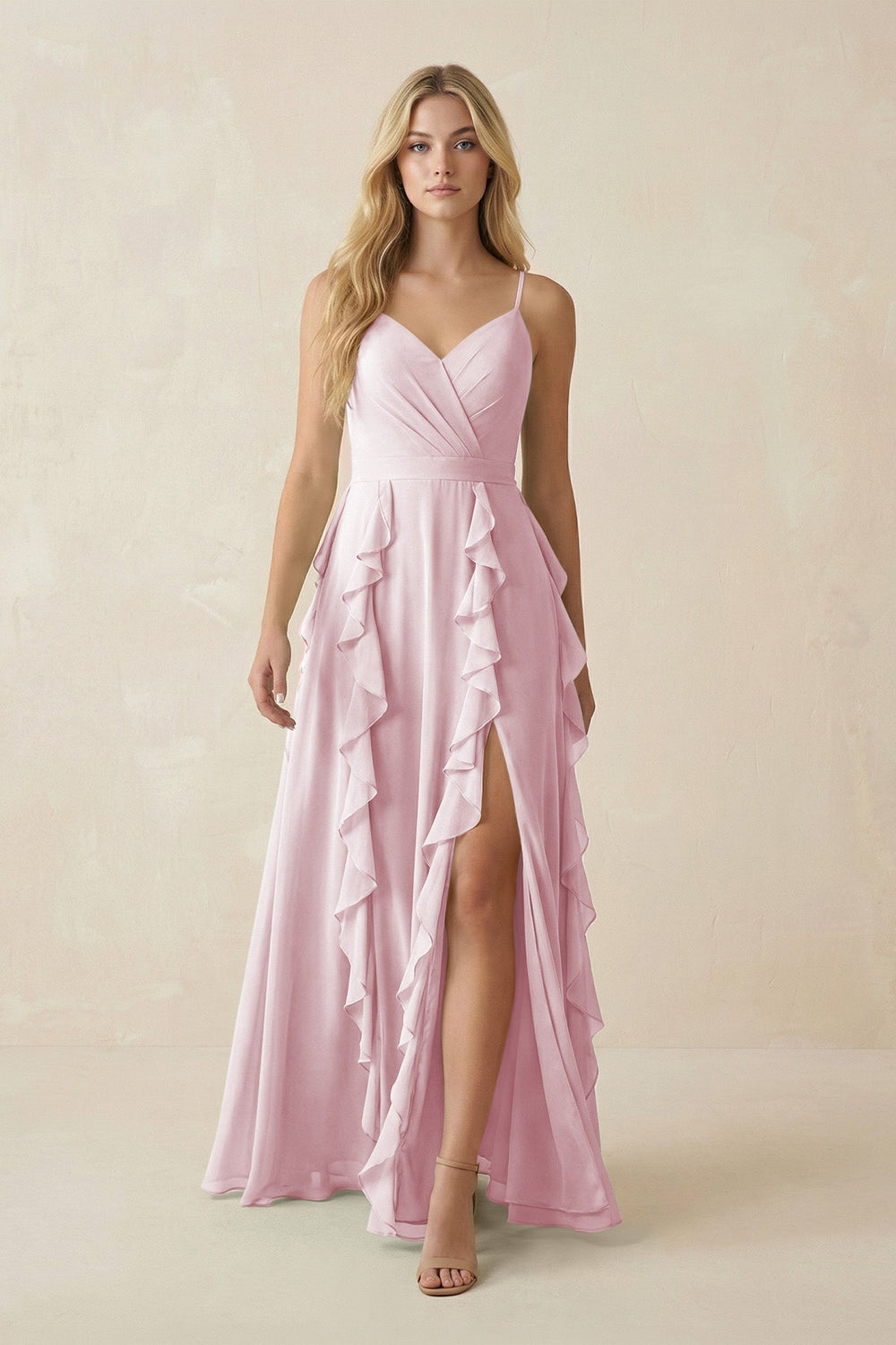 Tiered Ruffle A - Line Chiffon Bridesmaid Dress in Candy Pink - KissProm Bridesmaid Dresses