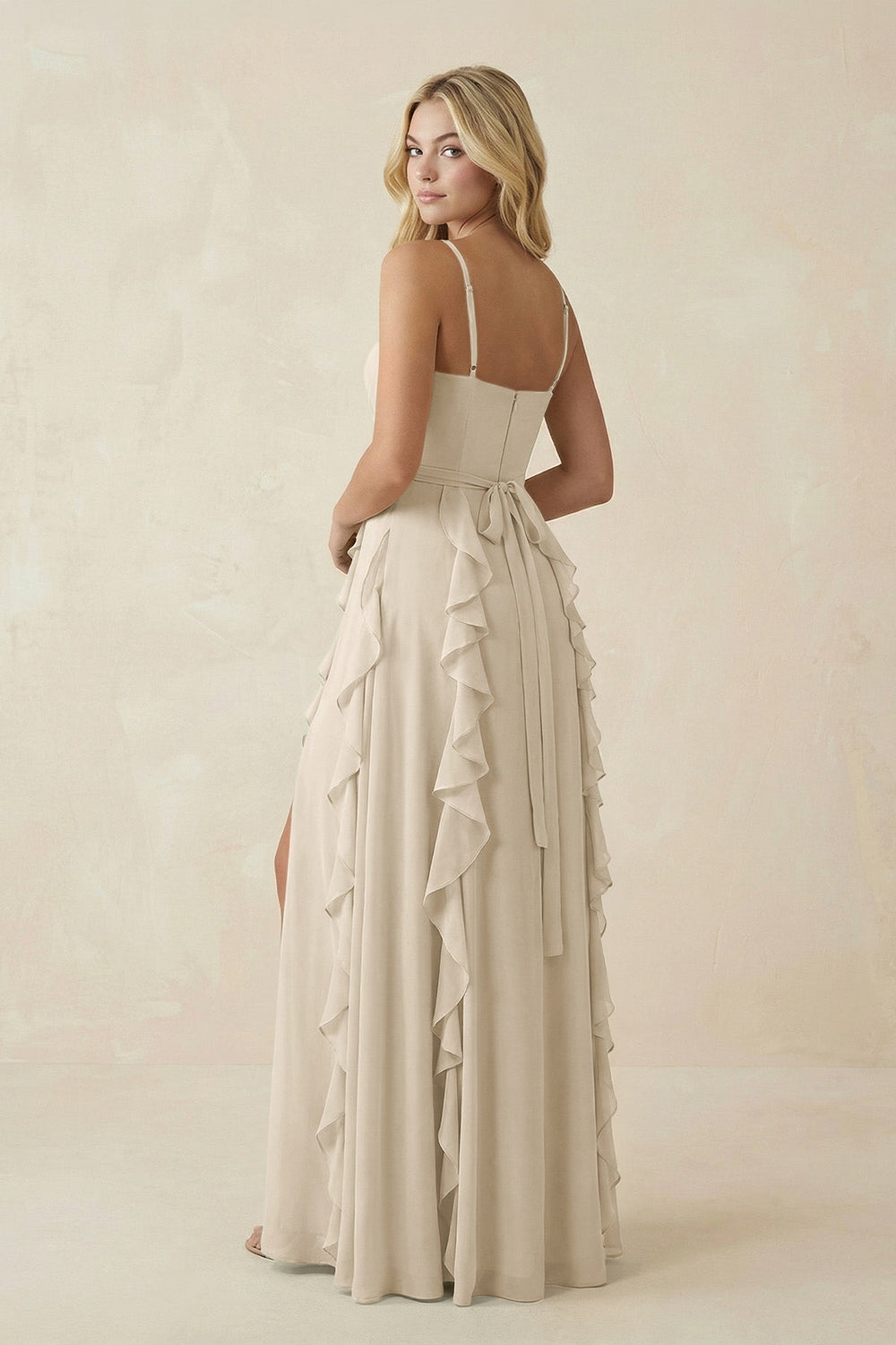 Tiered Ruffle A - Line Chiffon Bridesmaid Dress in Champagne - KissProm Bridesmaid Dresses