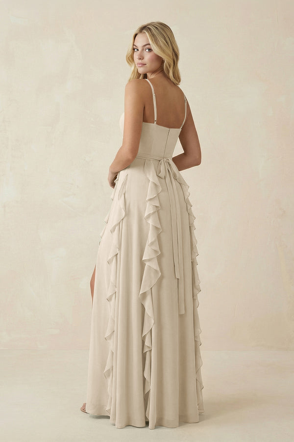 Tiered Ruffle A - Line Chiffon Bridesmaid Dress in Champagne - KissProm Bridesmaid Dresses
