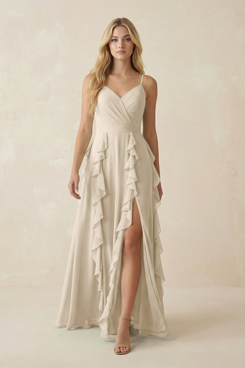 Tiered Ruffle A - Line Chiffon Bridesmaid Dress in Champagne - KissProm Bridesmaid Dresses