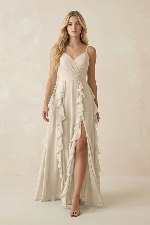 Tiered Ruffle A - Line Chiffon Bridesmaid Dress in Champagne - KissProm Bridesmaid Dresses