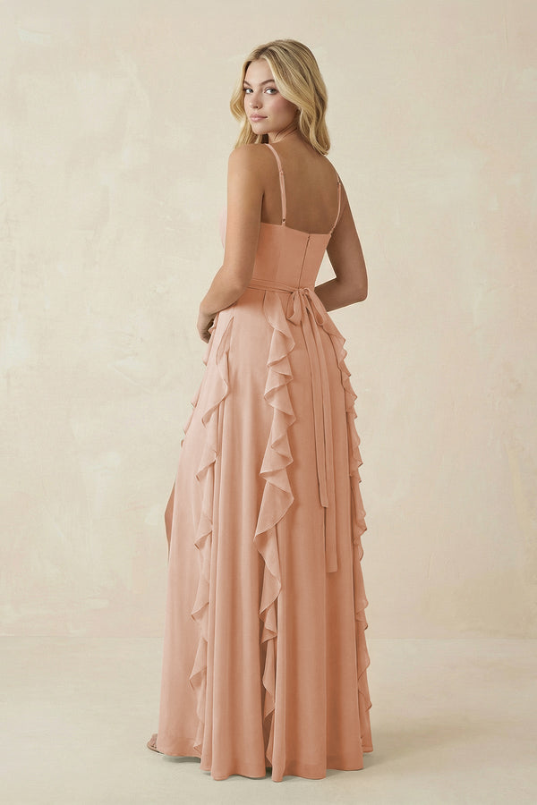KissProm Tiered Ruffle A-Line Chiffon Bridesmaid Dress in Champagne Rose, Champagne Rose / 16