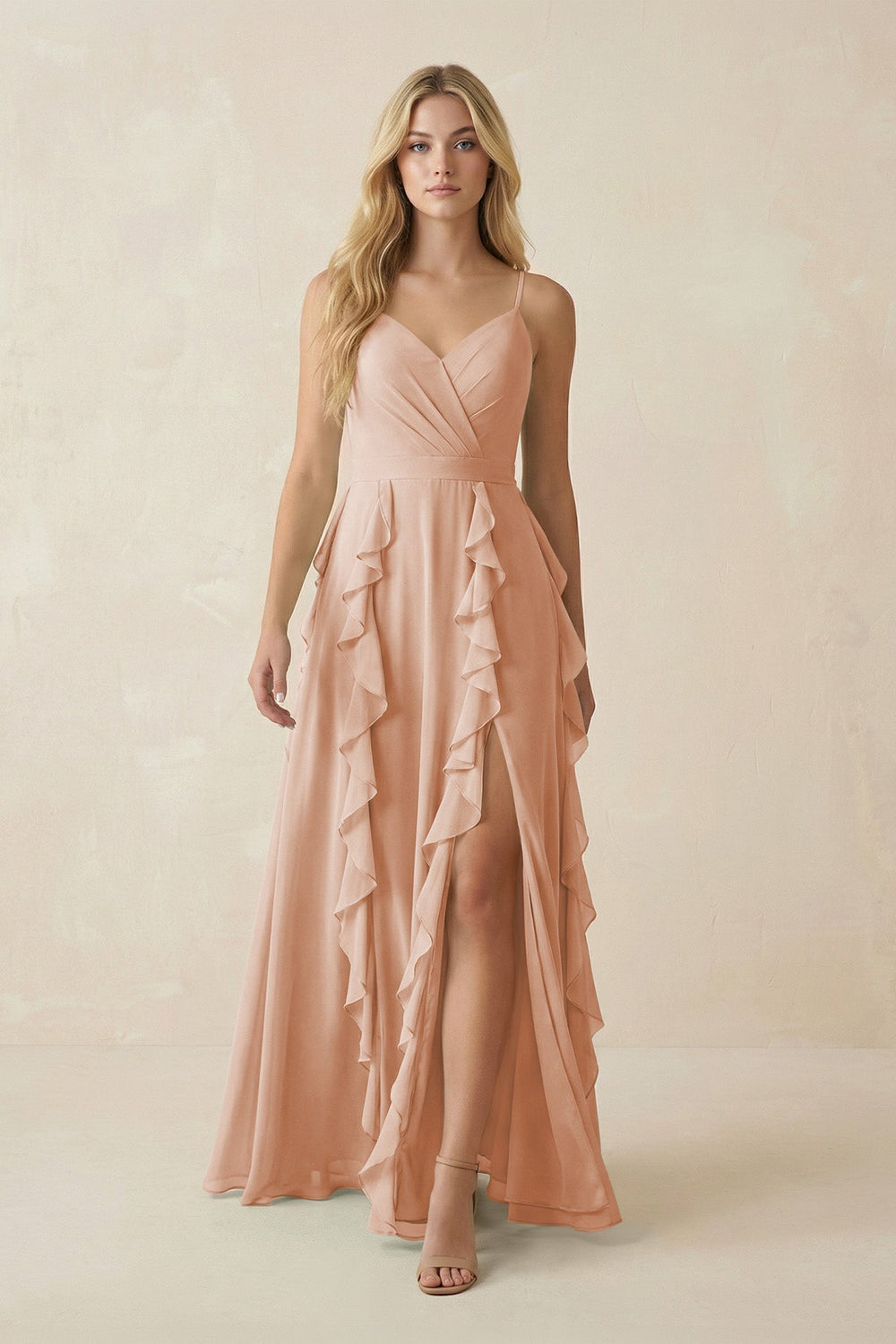 Tiered Ruffle A - Line Chiffon Bridesmaid Dress in Champagne Rose - KissProm Bridesmaid Dresses