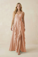 Tiered Ruffle A - Line Chiffon Bridesmaid Dress in Champagne Rose - KissProm Bridesmaid Dresses
