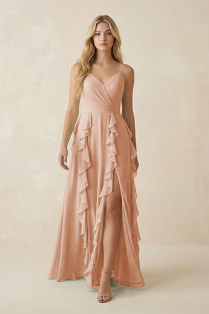 Tiered Ruffle A - Line Chiffon Bridesmaid Dress in Champagne Rose - KissProm Bridesmaid Dresses