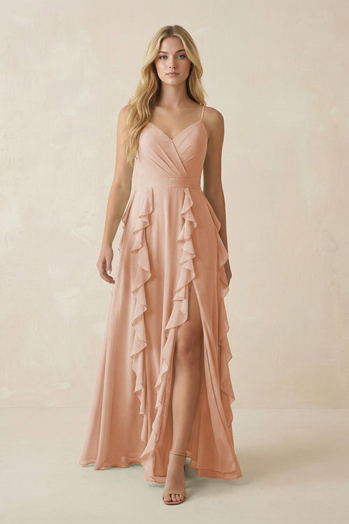 Tiered Ruffle A - Line Chiffon Bridesmaid Dress in Champagne Rose - KissProm Bridesmaid Dresses