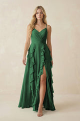 Tiered Ruffle A - Line Chiffon Bridesmaid Dress in Dark Green - KissProm Bridesmaid Dresses