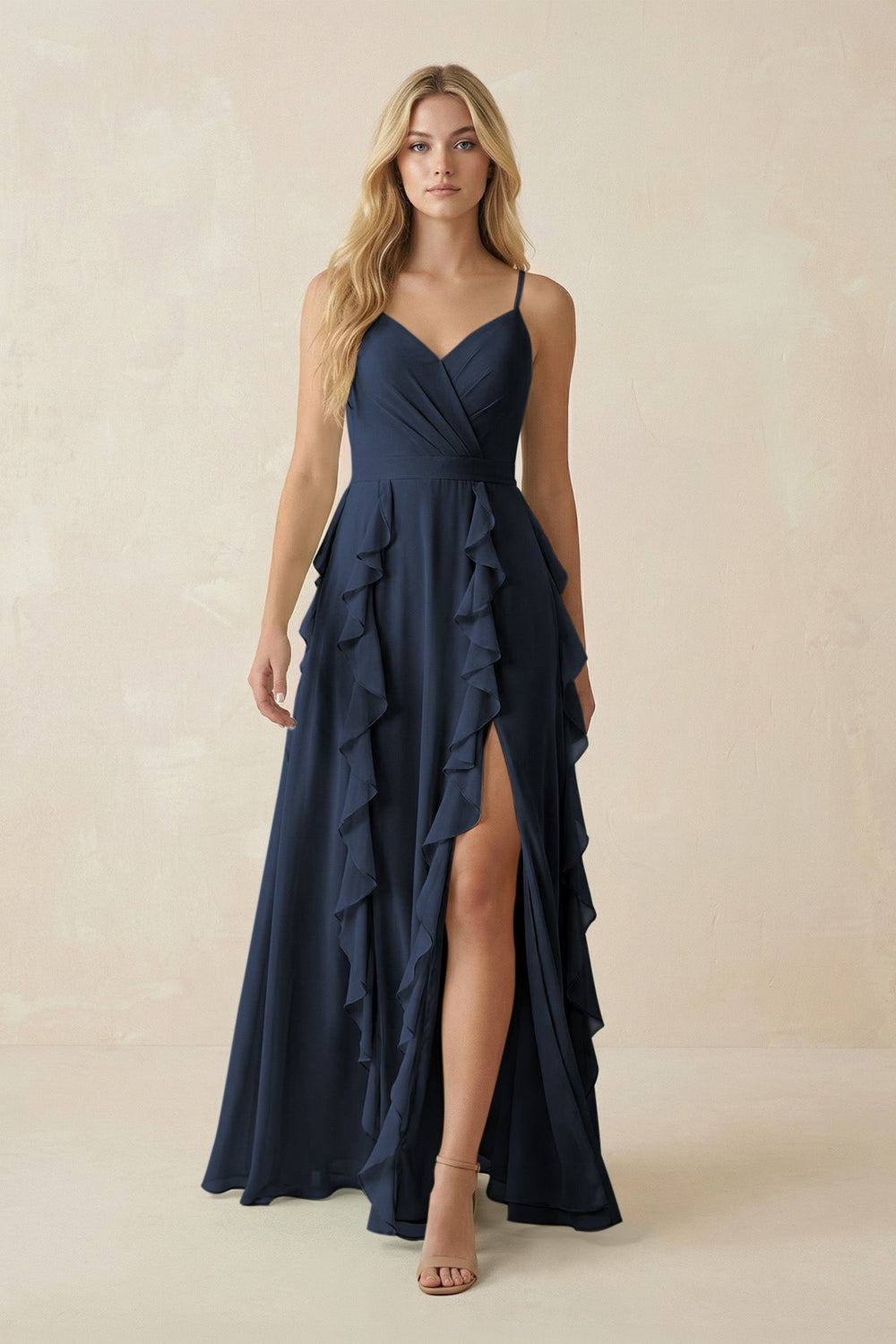 Tiered Ruffle A - Line Chiffon Bridesmaid Dress in Dark Navy - KissProm Bridesmaid Dresses