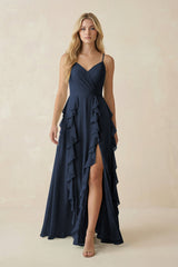 Tiered Ruffle A - Line Chiffon Bridesmaid Dress in Dark Navy - KissProm Bridesmaid Dresses