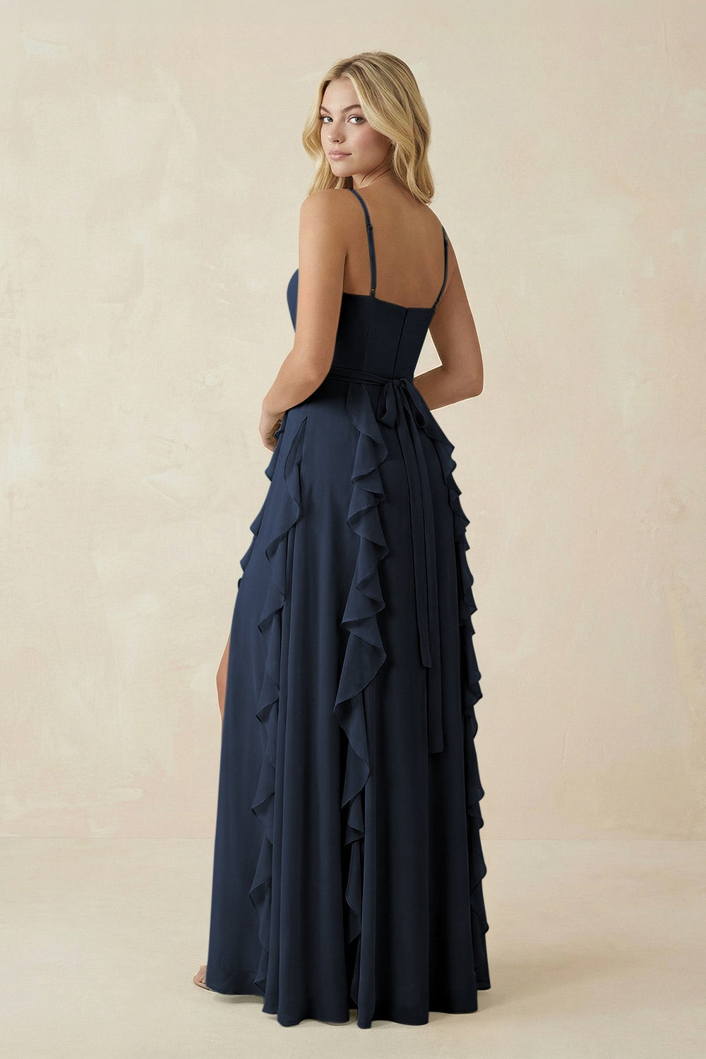 Tiered Ruffle A - Line Chiffon Bridesmaid Dress in Dark Navy - KissProm Bridesmaid Dresses