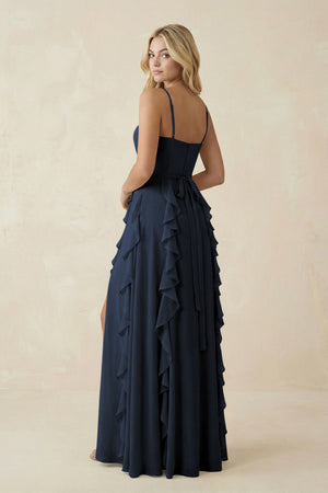Tiered Ruffle A - Line Chiffon Bridesmaid Dress in Dark Navy - KissProm Bridesmaid Dresses