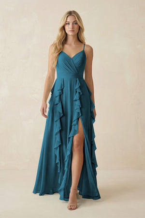 Tiered Ruffle A - Line Chiffon Bridesmaid Dress in Dark Teal - KissProm Bridesmaid Dresses