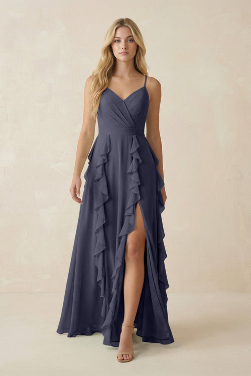 Tiered Ruffle A - Line Chiffon Bridesmaid Dress in Dusk Blue - KissProm Bridesmaid Dresses