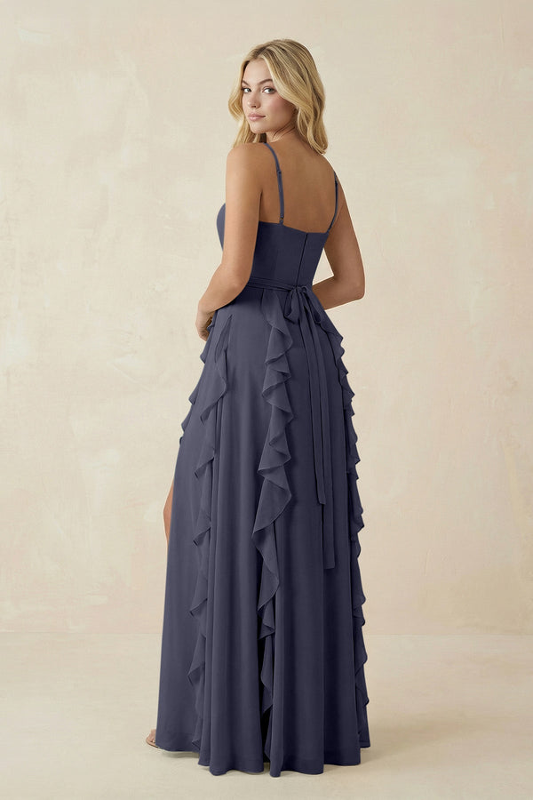 Tiered Ruffle A - Line Chiffon Bridesmaid Dress in Dusk Blue - KissProm Bridesmaid Dresses