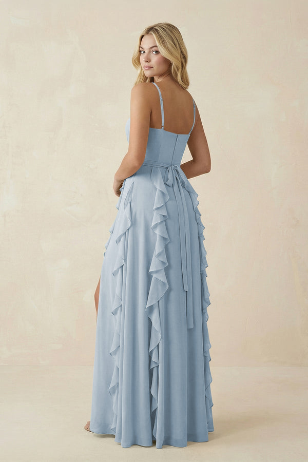 KissProm Tiered Ruffle A-Line Chiffon Bridesmaid Dress in Dusty Blue, Dusty Blue / 16