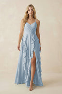 Tiered Ruffle A - Line Chiffon Bridesmaid Dress in Dusty Blue - KissProm Bridesmaid Dresses