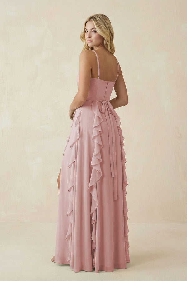 Tiered Ruffle A - Line Chiffon Bridesmaid Dress in Dusty Rose - KissProm Bridesmaid Dresses